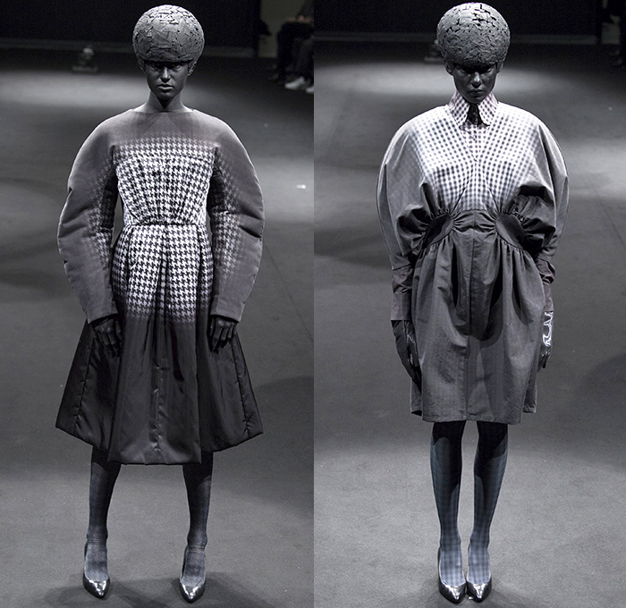 ANREALAGE 2015-2016 Fall Autumn Winter Womens Runway Catwalk Looks Designer Kunihiko Morinaga - Mode à Paris Fashion Week Mode Féminin France - Light Spotlight Dark Helmet Brain Balloon Sleeves Round Outerwear Coat Paint Splatter Houndstooth Plaid Racing Checks Chunky Knit Skirt Frock Silk Dress Ombre Fade Drapery Nipped-in Waist Blazer Pleats Organic Star Circle Patchwork Capelet Polka Dots Leaves Foliage