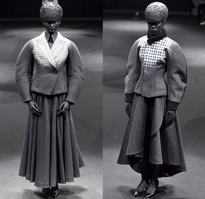 ANREALAGE 2015-2016 Fall Autumn Winter Womens Runway Catwalk Looks Designer Kunihiko Morinaga - Mode à Paris Fashion Week Mode Féminin France - Light Spotlight Dark Helmet Brain Balloon Sleeves Round Outerwear Coat Paint Splatter Houndstooth Plaid Racing Checks Chunky Knit Skirt Frock Silk Dress Ombre Fade Drapery Nipped-in Waist Blazer Pleats Organic Star Circle Patchwork Capelet Polka Dots Leaves Foliage