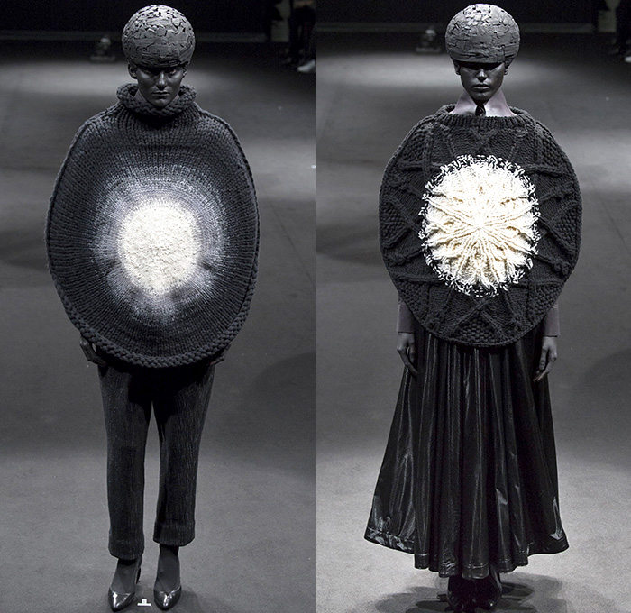 ANREALAGE 2015-2016 Fall Autumn Winter Womens Runway Catwalk Looks Designer Kunihiko Morinaga - Mode à Paris Fashion Week Mode Féminin France - Light Spotlight Dark Helmet Brain Balloon Sleeves Round Outerwear Coat Paint Splatter Houndstooth Plaid Racing Checks Chunky Knit Skirt Frock Silk Dress Ombre Fade Drapery Nipped-in Waist Blazer Pleats Organic Star Circle Patchwork Capelet Polka Dots Leaves Foliage