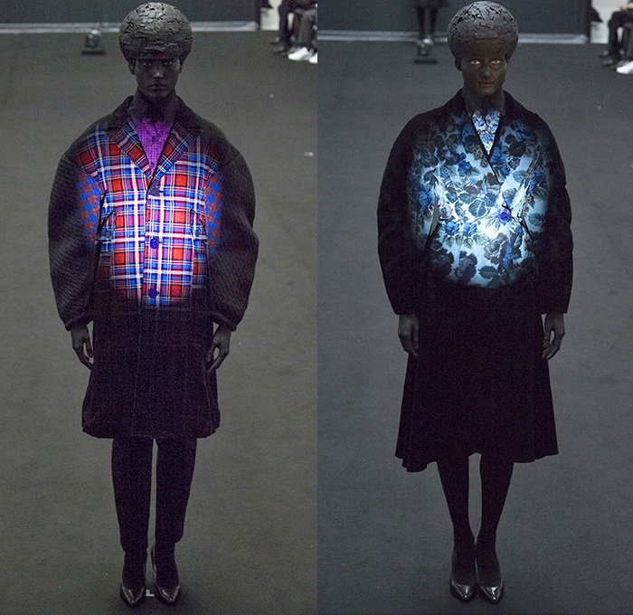 ANREALAGE 2015-2016 Fall Autumn Winter Womens Runway Catwalk Looks Designer Kunihiko Morinaga - Mode à Paris Fashion Week Mode Féminin France - Light Spotlight Dark Helmet Brain Balloon Sleeves Round Outerwear Coat Paint Splatter Houndstooth Plaid Racing Checks Chunky Knit Skirt Frock Silk Dress Ombre Fade Drapery Nipped-in Waist Blazer Pleats Organic Star Circle Patchwork Capelet Polka Dots Leaves Foliage