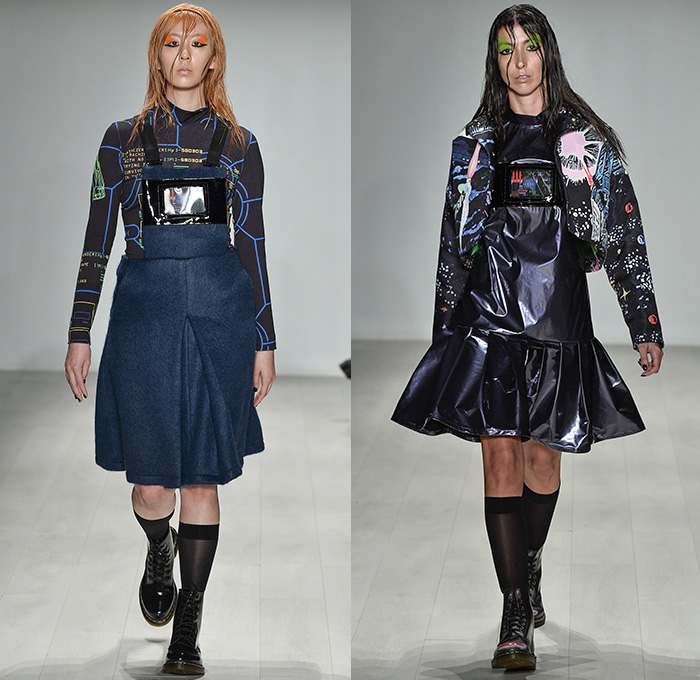 Atelier Wonder 2015-2016 Fall Autumn Winter Womens Runway Catwalk Looks - World MasterCard Fashion Week Toronto Canada - 1980s Eighties Space Techno Video Game Robot Computer Print Motif Graphic Illustration Pinafore Dress Bib Brace Sweater Jumper Grunge Boots Ruffles Outerwear Jacket Pants Trousers Sequins Embroidery 3D Adornments Maxi Dress Strap Coat Sweaterdress Androgynous Wool Plastic Pockets Kilt Manskirt 