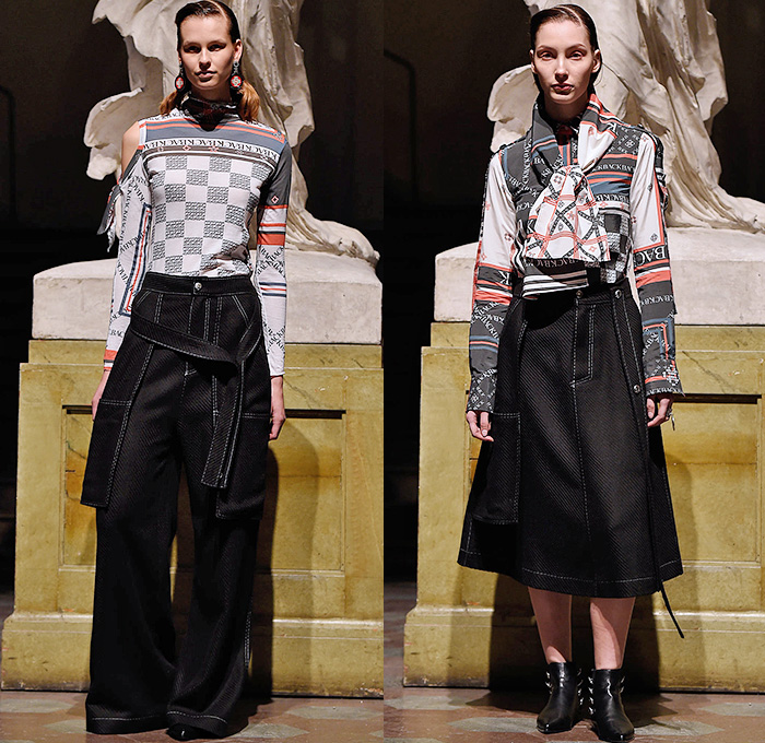 BACK by Ann-Sofie Back 2015-2016 Fall Autumn Winter Womens Runway Catwalk Looks - Fashion Week Stockholm Sweden - Typography Logo Houndstooth Racing Checks Harness Turtleneck Fringes Wide Leg Trousers Palazzo Pants Print Graphic Pattern Scarf Blouse Long Sleeve Skirt Frock Sweater Jumper Bag Headwrap Maxi Pinafore Dress Asymmetrical Hem