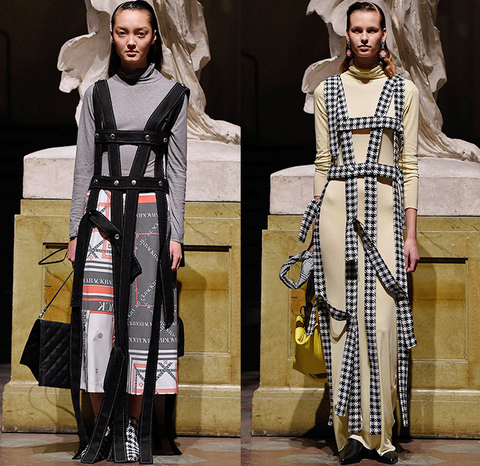 BACK by Ann-Sofie Back 2015-2016 Fall Autumn Winter Womens Runway Catwalk Looks - Fashion Week Stockholm Sweden - Typography Logo Houndstooth Racing Checks Harness Turtleneck Fringes Wide Leg Trousers Palazzo Pants Print Graphic Pattern Scarf Blouse Long Sleeve Skirt Frock Sweater Jumper Bag Headwrap Maxi Pinafore Dress Asymmetrical Hem