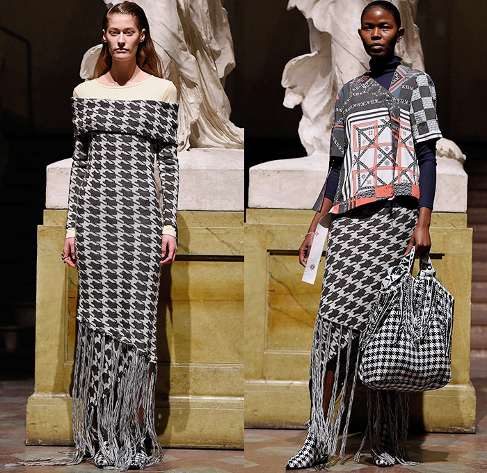 BACK by Ann-Sofie Back 2015-2016 Fall Autumn Winter Womens Runway Catwalk Looks - Fashion Week Stockholm Sweden - Typography Logo Houndstooth Racing Checks Harness Turtleneck Fringes Wide Leg Trousers Palazzo Pants Print Graphic Pattern Scarf Blouse Long Sleeve Skirt Frock Sweater Jumper Bag Headwrap Maxi Pinafore Dress Asymmetrical Hem