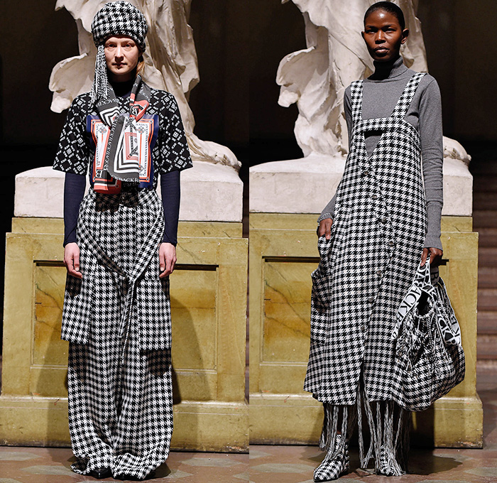 BACK by Ann-Sofie Back 2015-2016 Fall Autumn Winter Womens Runway Catwalk Looks - Fashion Week Stockholm Sweden - Typography Logo Houndstooth Racing Checks Harness Turtleneck Fringes Wide Leg Trousers Palazzo Pants Print Graphic Pattern Scarf Blouse Long Sleeve Skirt Frock Sweater Jumper Bag Headwrap Maxi Pinafore Dress Asymmetrical Hem