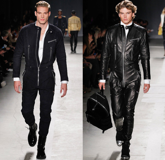 Balmain x H+M Collaboration Collection 2015-2016 Fall Autumn Winter Mens Runway Catwalk Looks Designer Olivier Rousteing - Onesie Jumpsuit Coveralls Boiler Suit Suede Velvet Leather Motorcycle Biker Rider Backpack Knit Crochet Embroidery Shirt Wrap Drawstring Boots Gold Metallic Bejeweled Jewels Bedazzled Ribbed Knee Panels Stripes Knit Sweater Denim Jeans Lion Military Sailor Navy Marine Belt Tuxedo Jacket Outerwear Coat Blazer