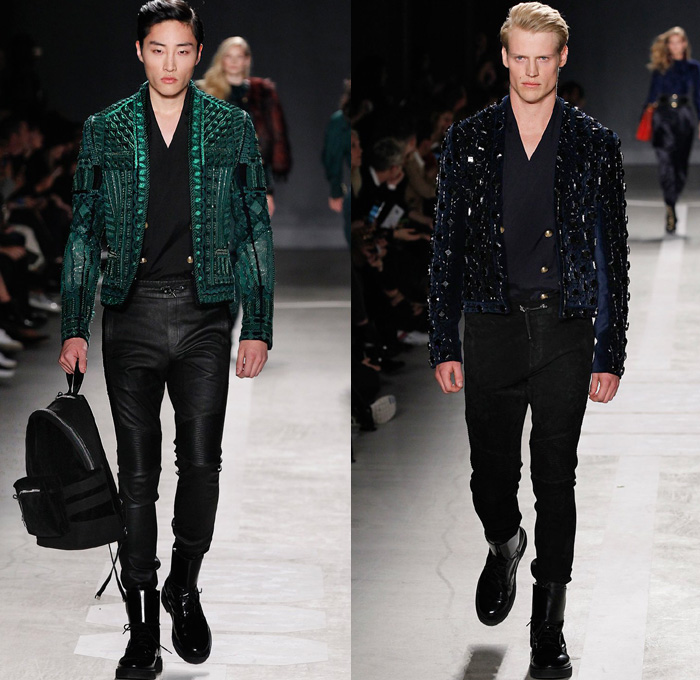 Balmain x H+M Collaboration Collection 2015-2016 Fall Autumn Winter Mens Runway Catwalk Looks Designer Olivier Rousteing - Onesie Jumpsuit Coveralls Boiler Suit Suede Velvet Leather Motorcycle Biker Rider Backpack Knit Crochet Embroidery Shirt Wrap Drawstring Boots Gold Metallic Bejeweled Jewels Bedazzled Ribbed Knee Panels Stripes Knit Sweater Denim Jeans Lion Military Sailor Navy Marine Belt Tuxedo Jacket Outerwear Coat Blazer