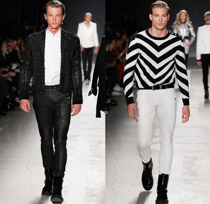 Balmain x H+M Collaboration Collection 2015-2016 Fall Autumn Winter Mens Runway Catwalk Looks Designer Olivier Rousteing - Onesie Jumpsuit Coveralls Boiler Suit Suede Velvet Leather Motorcycle Biker Rider Backpack Knit Crochet Embroidery Shirt Wrap Drawstring Boots Gold Metallic Bejeweled Jewels Bedazzled Ribbed Knee Panels Stripes Knit Sweater Denim Jeans Lion Military Sailor Navy Marine Belt Tuxedo Jacket Outerwear Coat Blazer