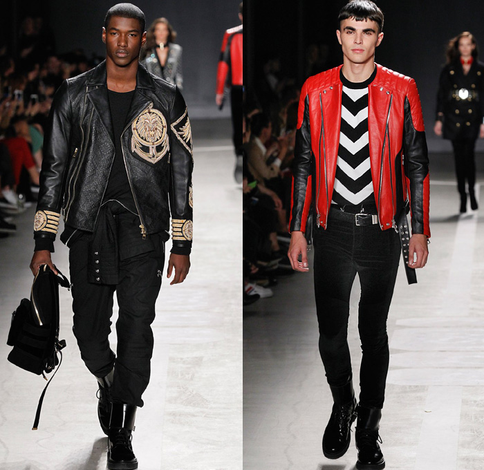 Balmain x H+M Collaboration Collection 2015-2016 Fall Autumn Winter Mens Runway Catwalk Looks Designer Olivier Rousteing - Onesie Jumpsuit Coveralls Boiler Suit Suede Velvet Leather Motorcycle Biker Rider Backpack Knit Crochet Embroidery Shirt Wrap Drawstring Boots Gold Metallic Bejeweled Jewels Bedazzled Ribbed Knee Panels Stripes Knit Sweater Denim Jeans Lion Military Sailor Navy Marine Belt Tuxedo Jacket Outerwear Coat Blazer