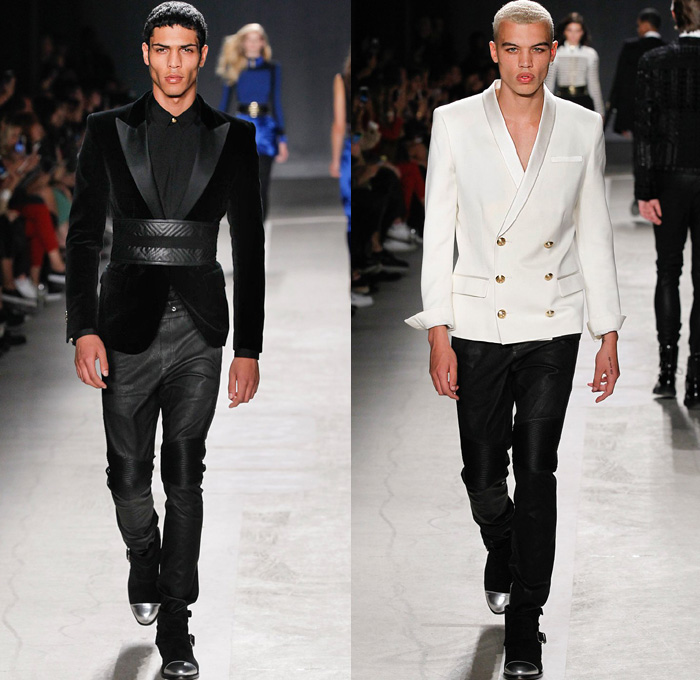 Balmain x H+M Collaboration Collection 2015-2016 Fall Autumn Winter Mens Runway Catwalk Looks Designer Olivier Rousteing - Onesie Jumpsuit Coveralls Boiler Suit Suede Velvet Leather Motorcycle Biker Rider Backpack Knit Crochet Embroidery Shirt Wrap Drawstring Boots Gold Metallic Bejeweled Jewels Bedazzled Ribbed Knee Panels Stripes Knit Sweater Denim Jeans Lion Military Sailor Navy Marine Belt Tuxedo Jacket Outerwear Coat Blazer