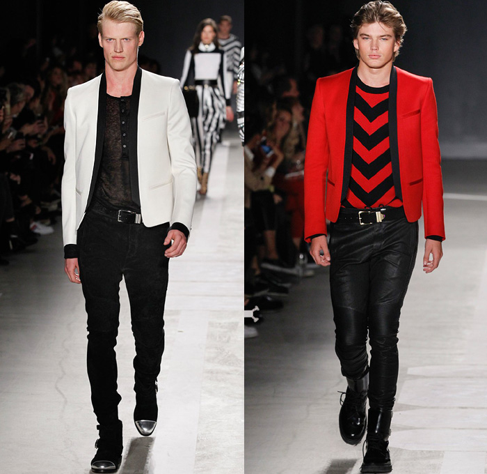 Balmain x H+M Collaboration Collection 2015-2016 Fall Autumn Winter Mens Runway Catwalk Looks Designer Olivier Rousteing - Onesie Jumpsuit Coveralls Boiler Suit Suede Velvet Leather Motorcycle Biker Rider Backpack Knit Crochet Embroidery Shirt Wrap Drawstring Boots Gold Metallic Bejeweled Jewels Bedazzled Ribbed Knee Panels Stripes Knit Sweater Denim Jeans Lion Military Sailor Navy Marine Belt Tuxedo Jacket Outerwear Coat Blazer