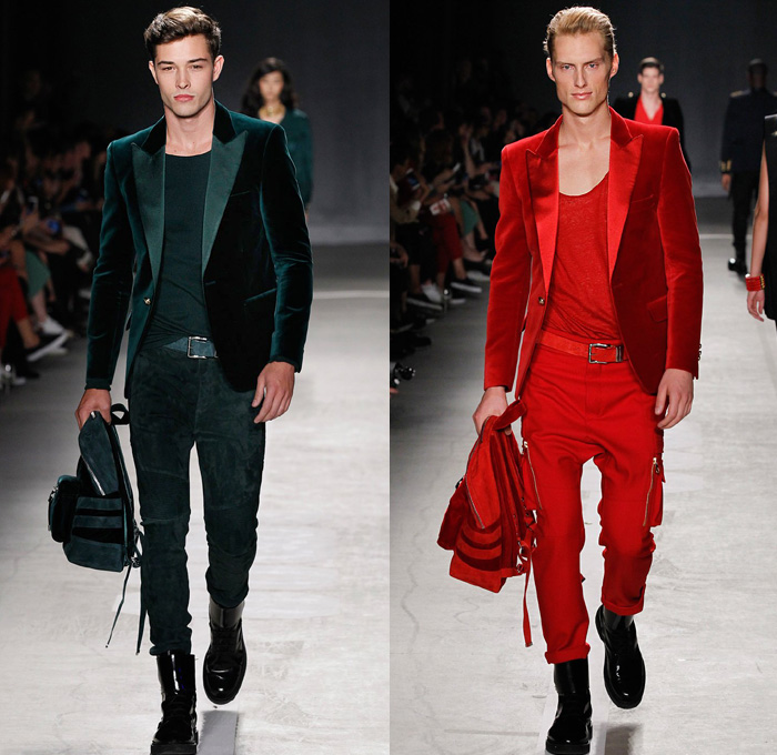 Balmain x H+M Collaboration Collection 2015-2016 Fall Autumn Winter Mens Runway Catwalk Looks Designer Olivier Rousteing - Onesie Jumpsuit Coveralls Boiler Suit Suede Velvet Leather Motorcycle Biker Rider Backpack Knit Crochet Embroidery Shirt Wrap Drawstring Boots Gold Metallic Bejeweled Jewels Bedazzled Ribbed Knee Panels Stripes Knit Sweater Denim Jeans Lion Military Sailor Navy Marine Belt Tuxedo Jacket Outerwear Coat Blazer