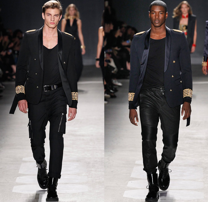 Balmain x H+M Collaboration Collection 2015-2016 Fall Autumn Winter Mens Runway Catwalk Looks Designer Olivier Rousteing - Onesie Jumpsuit Coveralls Boiler Suit Suede Velvet Leather Motorcycle Biker Rider Backpack Knit Crochet Embroidery Shirt Wrap Drawstring Boots Gold Metallic Bejeweled Jewels Bedazzled Ribbed Knee Panels Stripes Knit Sweater Denim Jeans Lion Military Sailor Navy Marine Belt Tuxedo Jacket Outerwear Coat Blazer