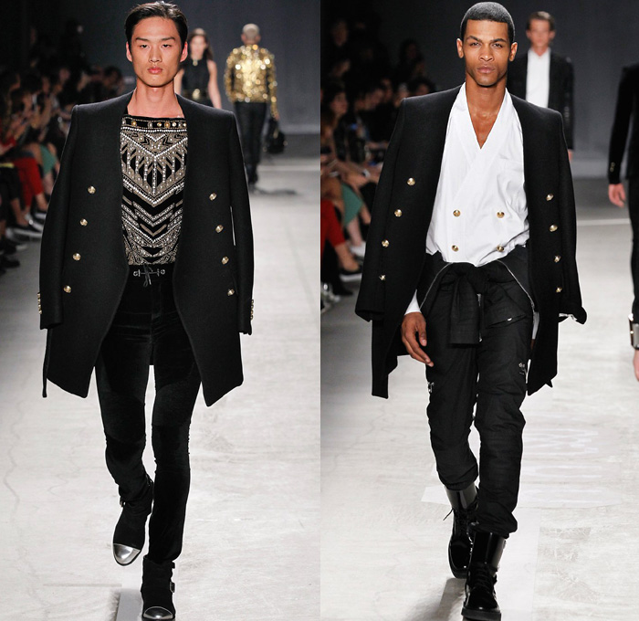 Balmain x H+M Collaboration Collection 2015-2016 Fall Autumn Winter Mens Runway Catwalk Looks Designer Olivier Rousteing - Onesie Jumpsuit Coveralls Boiler Suit Suede Velvet Leather Motorcycle Biker Rider Backpack Knit Crochet Embroidery Shirt Wrap Drawstring Boots Gold Metallic Bejeweled Jewels Bedazzled Ribbed Knee Panels Stripes Knit Sweater Denim Jeans Lion Military Sailor Navy Marine Belt Tuxedo Jacket Outerwear Coat Blazer