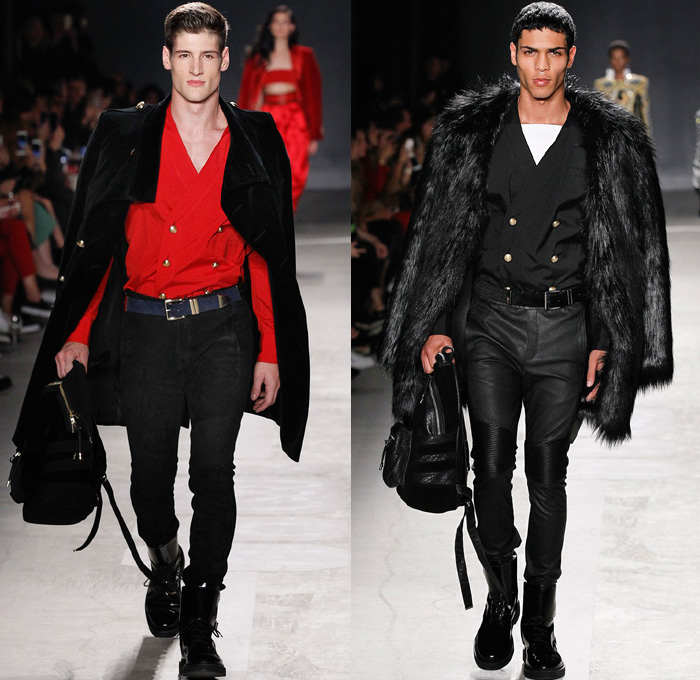 Balmain x H+M Collaboration Collection 2015-2016 Fall Autumn Winter Mens Runway Catwalk Looks Designer Olivier Rousteing - Onesie Jumpsuit Coveralls Boiler Suit Suede Velvet Leather Motorcycle Biker Rider Backpack Knit Crochet Embroidery Shirt Wrap Drawstring Boots Gold Metallic Bejeweled Jewels Bedazzled Ribbed Knee Panels Stripes Knit Sweater Denim Jeans Lion Military Sailor Navy Marine Belt Tuxedo Jacket Outerwear Coat Blazer