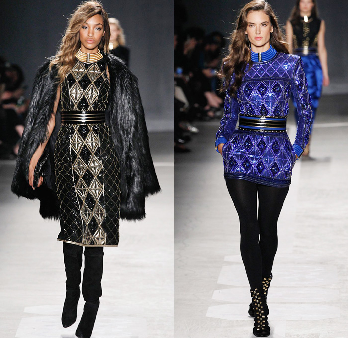 Balmain x H+M Collaboration Collection 2015-2016 Fall Autumn Winter Womens Runway Catwalk Looks Designer Olivier Rousteing - Retro Genie Harem Pants Pearls Gold Buttons Dress Bangles Leggings Embroidery Bedazzled Jewels Belt Outerwear Coat Jacket Blazer Grid Lattice Ornamental Decorative Art Bandeau Vest Waistcoat Tuxedo Silk Satin Wide Leg Trousers Sheer Chiffon Stripes Velvet Metallic Military Shoulders Pantsuit