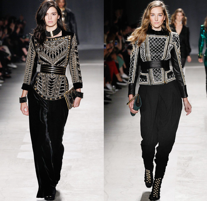 Balmain x H+M Collaboration Collection 2015-2016 Fall Autumn Winter Womens Runway Catwalk Looks Designer Olivier Rousteing - Retro Genie Harem Pants Pearls Gold Buttons Dress Bangles Leggings Embroidery Bedazzled Jewels Belt Outerwear Coat Jacket Blazer Grid Lattice Ornamental Decorative Art Bandeau Vest Waistcoat Tuxedo Silk Satin Wide Leg Trousers Sheer Chiffon Stripes Velvet Metallic Military Shoulders Pantsuit