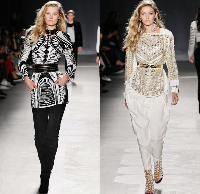 Balmain x H+M Collaboration Collection 2015-2016 Fall Autumn Winter Womens Runway Catwalk Looks Designer Olivier Rousteing - Retro Genie Harem Pants Pearls Gold Buttons Dress Bangles Leggings Embroidery Bedazzled Jewels Belt Outerwear Coat Jacket Blazer Grid Lattice Ornamental Decorative Art Bandeau Vest Waistcoat Tuxedo Silk Satin Wide Leg Trousers Sheer Chiffon Stripes Velvet Metallic Military Shoulders Pantsuit