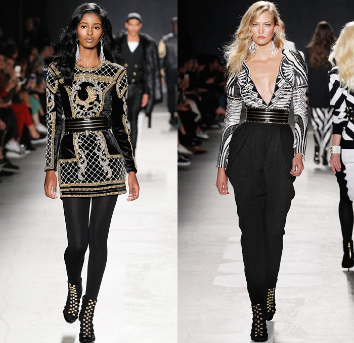 Balmain x H+M Collaboration Collection 2015-2016 Fall Autumn Winter Womens Runway Catwalk Looks Designer Olivier Rousteing - Retro Genie Harem Pants Pearls Gold Buttons Dress Bangles Leggings Embroidery Bedazzled Jewels Belt Outerwear Coat Jacket Blazer Grid Lattice Ornamental Decorative Art Bandeau Vest Waistcoat Tuxedo Silk Satin Wide Leg Trousers Sheer Chiffon Stripes Velvet Metallic Military Shoulders Pantsuit