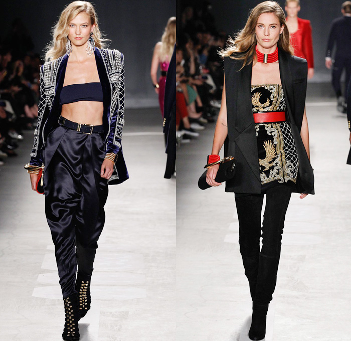 Balmain x H+M Collaboration Collection 2015-2016 Fall Autumn Winter Womens Runway Catwalk Looks Designer Olivier Rousteing - Retro Genie Harem Pants Pearls Gold Buttons Dress Bangles Leggings Embroidery Bedazzled Jewels Belt Outerwear Coat Jacket Blazer Grid Lattice Ornamental Decorative Art Bandeau Vest Waistcoat Tuxedo Silk Satin Wide Leg Trousers Sheer Chiffon Stripes Velvet Metallic Military Shoulders Pantsuit