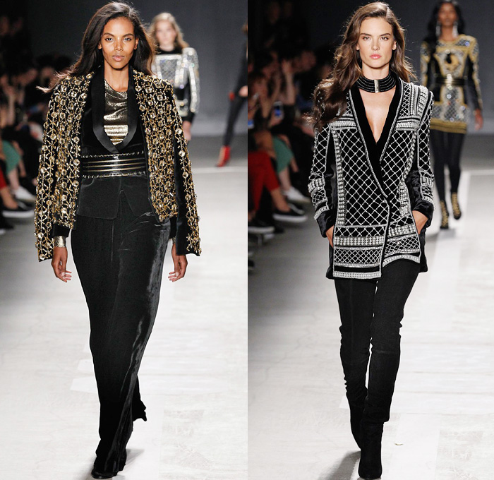 Balmain x H+M Collaboration Collection 2015-2016 Fall Autumn Winter Womens Runway Catwalk Looks Designer Olivier Rousteing - Retro Genie Harem Pants Pearls Gold Buttons Dress Bangles Leggings Embroidery Bedazzled Jewels Belt Outerwear Coat Jacket Blazer Grid Lattice Ornamental Decorative Art Bandeau Vest Waistcoat Tuxedo Silk Satin Wide Leg Trousers Sheer Chiffon Stripes Velvet Metallic Military Shoulders Pantsuit