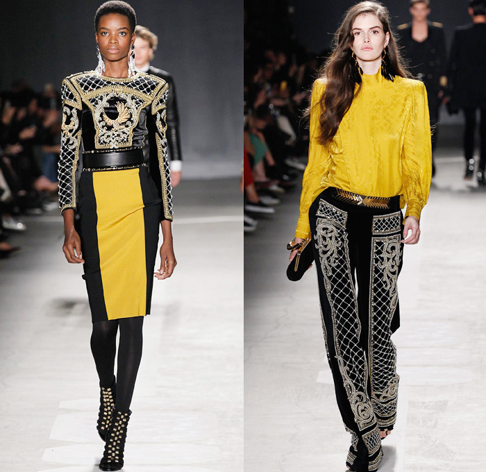 Balmain x H+M Collaboration Collection 2015-2016 Fall Autumn Winter Womens Runway Catwalk Looks Designer Olivier Rousteing - Retro Genie Harem Pants Pearls Gold Buttons Dress Bangles Leggings Embroidery Bedazzled Jewels Belt Outerwear Coat Jacket Blazer Grid Lattice Ornamental Decorative Art Bandeau Vest Waistcoat Tuxedo Silk Satin Wide Leg Trousers Sheer Chiffon Stripes Velvet Metallic Military Shoulders Pantsuit