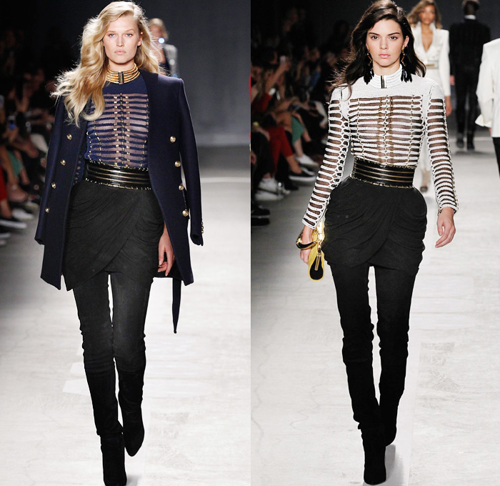 Balmain x H+M Collaboration Collection 2015-2016 Fall Autumn Winter Womens Runway Catwalk Looks Designer Olivier Rousteing - Retro Genie Harem Pants Pearls Gold Buttons Dress Bangles Leggings Embroidery Bedazzled Jewels Belt Outerwear Coat Jacket Blazer Grid Lattice Ornamental Decorative Art Bandeau Vest Waistcoat Tuxedo Silk Satin Wide Leg Trousers Sheer Chiffon Stripes Velvet Metallic Military Shoulders Pantsuit