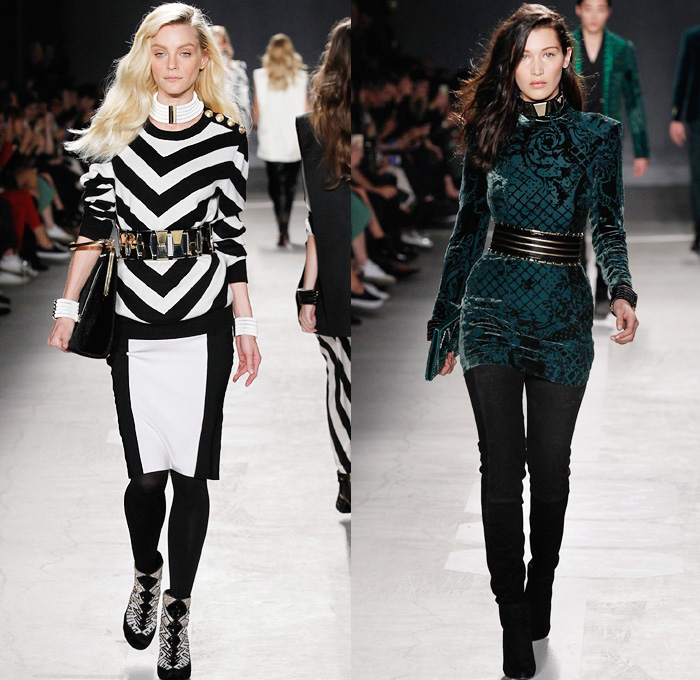 Balmain x H+M Collaboration Collection 2015-2016 Fall Autumn Winter Womens Runway Catwalk Looks Designer Olivier Rousteing - Retro Genie Harem Pants Pearls Gold Buttons Dress Bangles Leggings Embroidery Bedazzled Jewels Belt Outerwear Coat Jacket Blazer Grid Lattice Ornamental Decorative Art Bandeau Vest Waistcoat Tuxedo Silk Satin Wide Leg Trousers Sheer Chiffon Stripes Velvet Metallic Military Shoulders Pantsuit