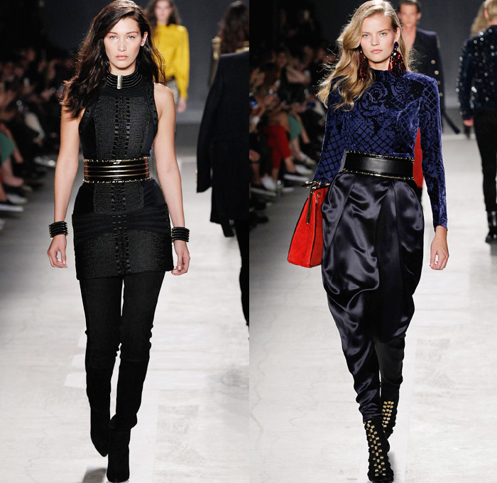 Balmain x H+M Collaboration Collection 2015-2016 Fall Autumn Winter Womens Runway Catwalk Looks Designer Olivier Rousteing - Retro Genie Harem Pants Pearls Gold Buttons Dress Bangles Leggings Embroidery Bedazzled Jewels Belt Outerwear Coat Jacket Blazer Grid Lattice Ornamental Decorative Art Bandeau Vest Waistcoat Tuxedo Silk Satin Wide Leg Trousers Sheer Chiffon Stripes Velvet Metallic Military Shoulders Pantsuit