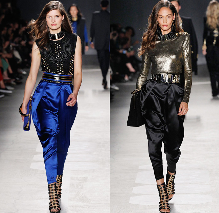 Balmain x H+M Collaboration Collection 2015-2016 Fall Autumn Winter Womens Runway Catwalk Looks Designer Olivier Rousteing - Retro Genie Harem Pants Pearls Gold Buttons Dress Bangles Leggings Embroidery Bedazzled Jewels Belt Outerwear Coat Jacket Blazer Grid Lattice Ornamental Decorative Art Bandeau Vest Waistcoat Tuxedo Silk Satin Wide Leg Trousers Sheer Chiffon Stripes Velvet Metallic Military Shoulders Pantsuit