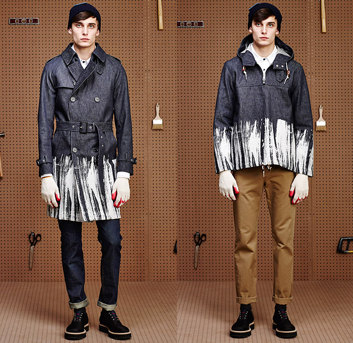 Band of Outsiders 2015-2016 Fall Autumn Winter Mens Lookbook Presentation - Denim Jeans Jumpsuit Coat Stripes Shearling Wool Americana Hardware Store Garage Tools Drill Bits Trench Crombie Coat Outerwear Paintbrush Strokes Gloves Parka Hoodie Anorak Khaki Onesie Jumpsuit Boiler Suit Coveralls Beanie Cap Knit Cap Scarf Pants Trousers Blazer Cargo Flap Pockets Sweater Jumper Checks Long Sleeve Shirt