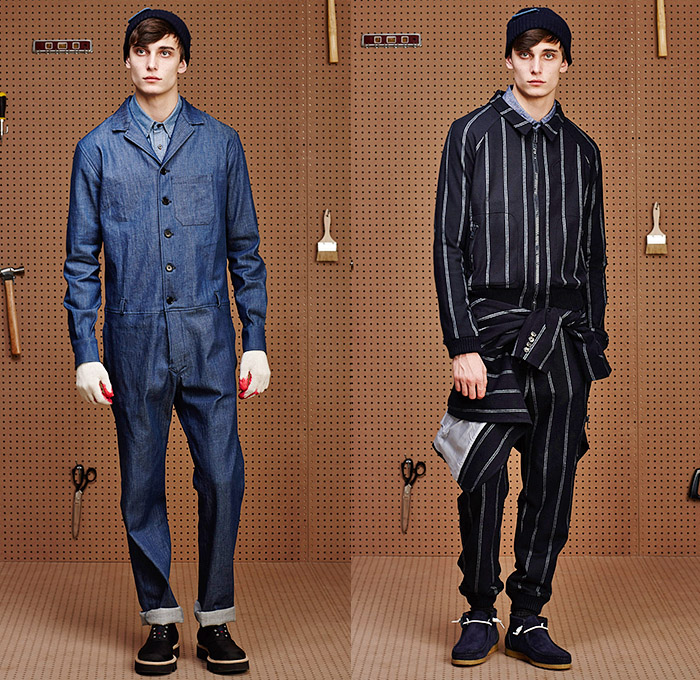 Band of Outsiders 2015-2016 Fall Autumn Winter Mens Lookbook Presentation - Denim Jeans Jumpsuit Coat Stripes Shearling Wool Americana Hardware Store Garage Tools Drill Bits Trench Crombie Coat Outerwear Paintbrush Strokes Gloves Parka Hoodie Anorak Khaki Onesie Jumpsuit Boiler Suit Coveralls Beanie Cap Knit Cap Scarf Pants Trousers Blazer Cargo Flap Pockets Sweater Jumper Checks Long Sleeve Shirt