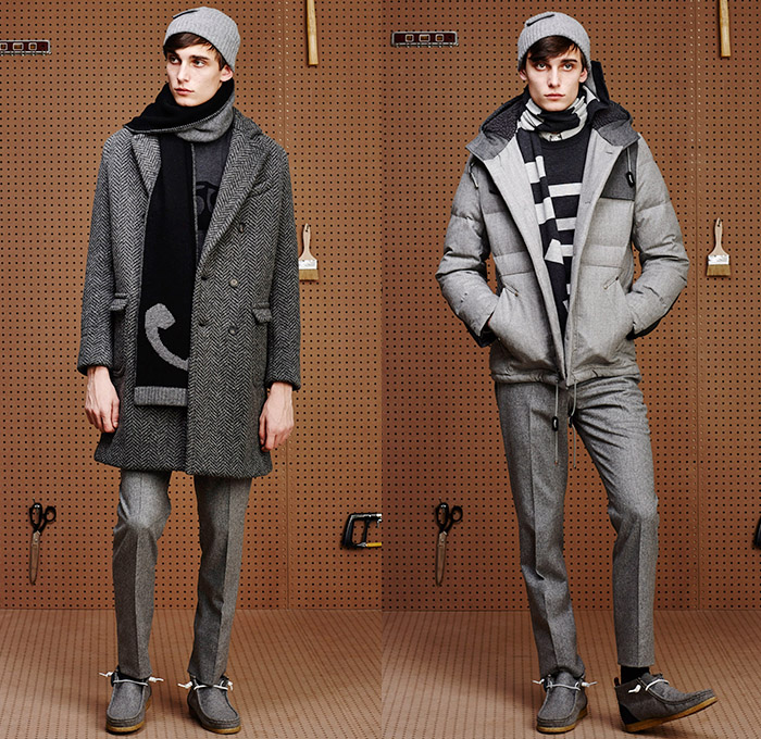Band of Outsiders 2015-2016 Fall Autumn Winter Mens Lookbook Presentation - Denim Jeans Jumpsuit Coat Stripes Shearling Wool Americana Hardware Store Garage Tools Drill Bits Trench Crombie Coat Outerwear Paintbrush Strokes Gloves Parka Hoodie Anorak Khaki Onesie Jumpsuit Boiler Suit Coveralls Beanie Cap Knit Cap Scarf Pants Trousers Blazer Cargo Flap Pockets Sweater Jumper Checks Long Sleeve Shirt