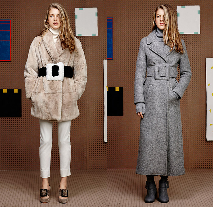 Band of Outsiders 2015-2016 Fall Autumn Winter Womens Lookbook Presentation - New York Fashion Week NYFW - Denim Jeans Pilgrim Belt Oversized Trench Outerwear Furry Parka Coat Paint Splatter Spatter Plaid Pencil Skirt Frock Hoodie Cropped Pants Trousers Sweater Jumper Wool Maxi Dress Accordion Pleats Pantsuit Arm Warmers Ribbed Knit Blouse Strapless Onesie Jumpsuit Playsuit