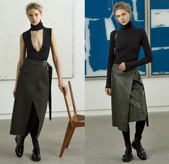 Beaufille 2015-2016 Fall Autumn Winter Womens Lookbook Presentation - Handkerchief Hem Skirt Turtleneck Leather Vest Waistcoat Black Neutrals Scarf Sleeveless Leggings Sweater Jumper Belts Straps Handbag Boots Maxi Dress Moto Motorcycle Biker Rider Leather Racer Wide Leg Palazzo Pants Crop Top Midriff Outerwear Coat Hoodie Fleece Jogger Sweatpants