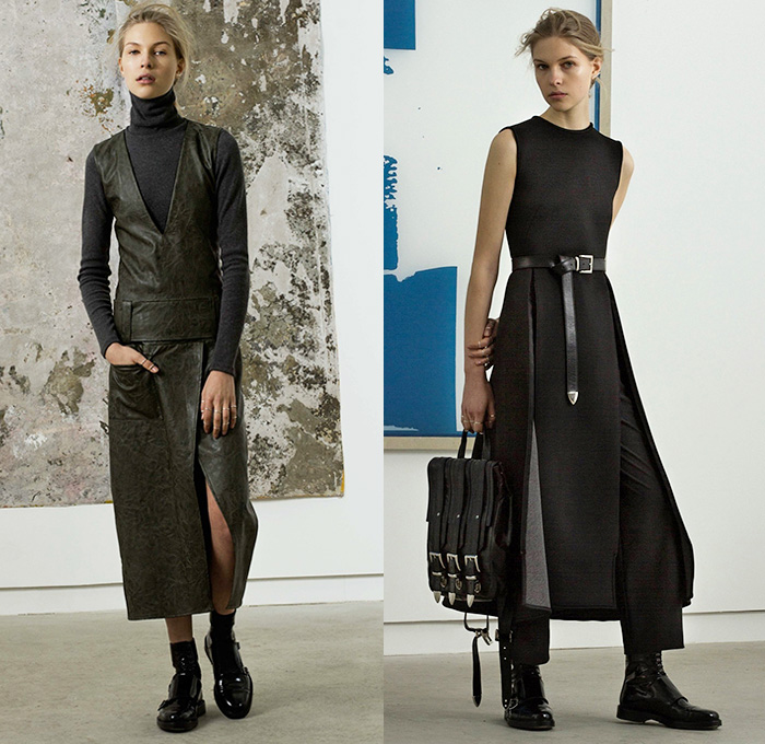 Beaufille 2015-2016 Fall Autumn Winter Womens Lookbook Presentation - Handkerchief Hem Skirt Turtleneck Leather Vest Waistcoat Black Neutrals Scarf Sleeveless Leggings Sweater Jumper Belts Straps Handbag Boots Maxi Dress Moto Motorcycle Biker Rider Leather Racer Wide Leg Palazzo Pants Crop Top Midriff Outerwear Coat Hoodie Fleece Jogger Sweatpants