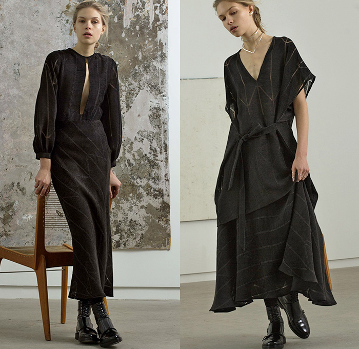 Beaufille 2015-2016 Fall Autumn Winter Womens Lookbook Presentation - Handkerchief Hem Skirt Turtleneck Leather Vest Waistcoat Black Neutrals Scarf Sleeveless Leggings Sweater Jumper Belts Straps Handbag Boots Maxi Dress Moto Motorcycle Biker Rider Leather Racer Wide Leg Palazzo Pants Crop Top Midriff Outerwear Coat Hoodie Fleece Jogger Sweatpants