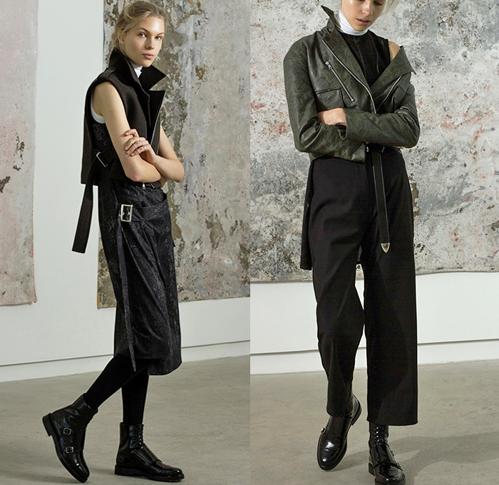 Beaufille 2015-2016 Fall Autumn Winter Womens Lookbook Presentation - Handkerchief Hem Skirt Turtleneck Leather Vest Waistcoat Black Neutrals Scarf Sleeveless Leggings Sweater Jumper Belts Straps Handbag Boots Maxi Dress Moto Motorcycle Biker Rider Leather Racer Wide Leg Palazzo Pants Crop Top Midriff Outerwear Coat Hoodie Fleece Jogger Sweatpants