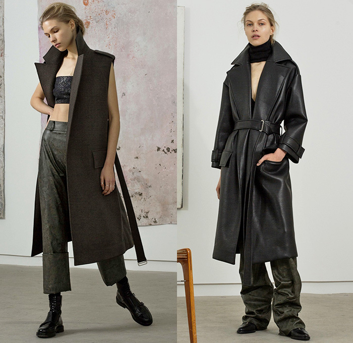 Beaufille 2015-2016 Fall Autumn Winter Womens Lookbook Presentation - Handkerchief Hem Skirt Turtleneck Leather Vest Waistcoat Black Neutrals Scarf Sleeveless Leggings Sweater Jumper Belts Straps Handbag Boots Maxi Dress Moto Motorcycle Biker Rider Leather Racer Wide Leg Palazzo Pants Crop Top Midriff Outerwear Coat Hoodie Fleece Jogger Sweatpants