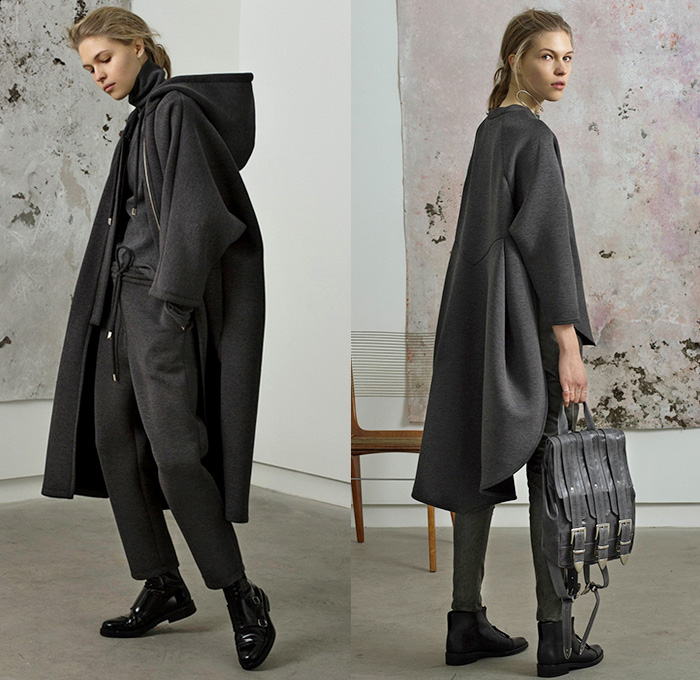 Beaufille 2015-2016 Fall Autumn Winter Womens Lookbook Presentation - Handkerchief Hem Skirt Turtleneck Leather Vest Waistcoat Black Neutrals Scarf Sleeveless Leggings Sweater Jumper Belts Straps Handbag Boots Maxi Dress Moto Motorcycle Biker Rider Leather Racer Wide Leg Palazzo Pants Crop Top Midriff Outerwear Coat Hoodie Fleece Jogger Sweatpants