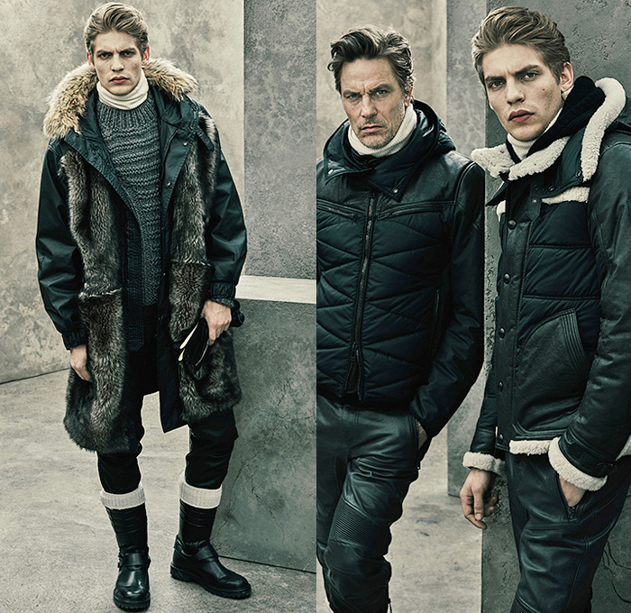 Belstaff England 2015-2016 Fall Autumn Winter Mens Lookbook Presentation - London Collections: Men British Fashion Council UK United Kingdom - Moto Biker Motorcycle Rider Leather Racer Turtleneck Racing Checks Chunky Knit Sweater Shearling Outerwear Jumpsuit Boots Emblem Wings Jumper Shawl Collar Outerwear Coat Jacket Wool Gloves Cargo Pockets Ombre Mohair Parka Onesie Jumpsuit Boiler Suit Salopette Coveralls