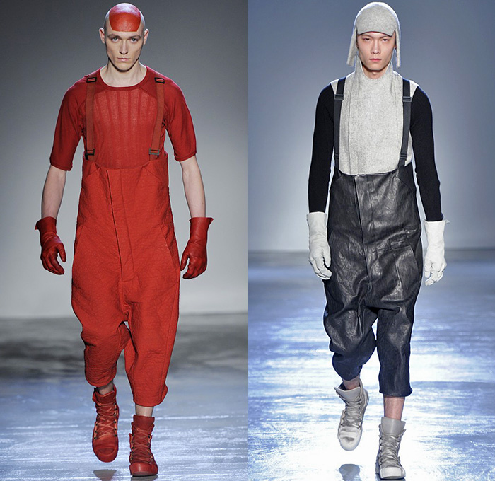 Boris Bidjan Saberi Barcelona Spain 2015-2016 Fall Autumn Winter Mens Runway Catwalk Looks - Mode à Paris Fashion Week Mode Masculine France - Military Outdoor Fisherman Onesie Jumpsuit Salopette Coveralls Bib Brace Dungarees Romper Outerwear Coat Straps Harness Knit Parka Gloves Boots Vest Waistcoat Capri Cropped Pants Backpack Blazer Shorts Leather Aviator Cap Jacket Stripes Wool Leggings