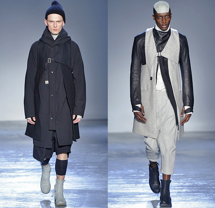 Boris Bidjan Saberi Barcelona Spain 2015-2016 Fall Autumn Winter Mens Runway Catwalk Looks - Mode à Paris Fashion Week Mode Masculine France - Military Outdoor Fisherman Onesie Jumpsuit Salopette Coveralls Bib Brace Dungarees Romper Outerwear Coat Straps Harness Knit Parka Gloves Boots Vest Waistcoat Capri Cropped Pants Backpack Blazer Shorts Leather Aviator Cap Jacket Stripes Wool Leggings