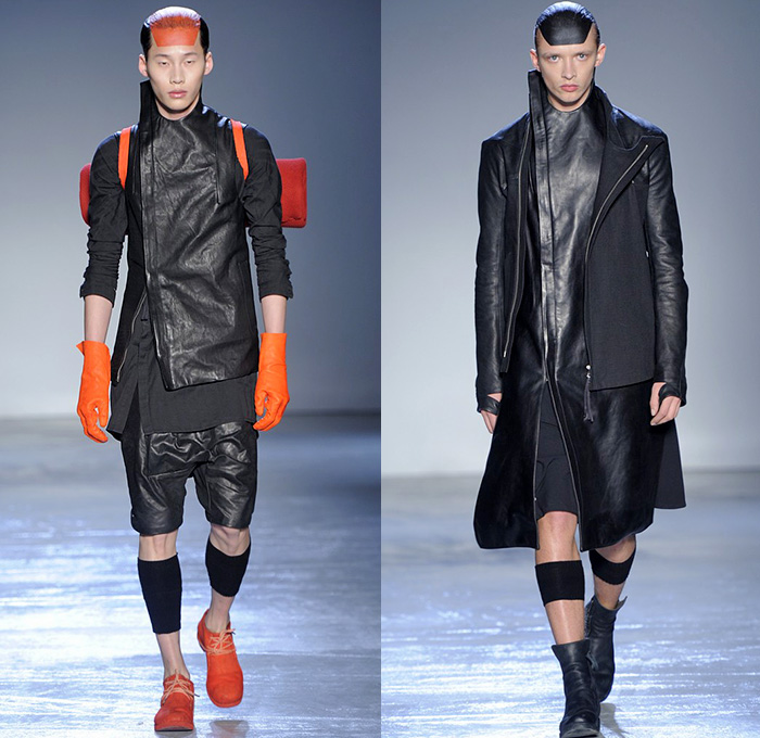 Boris Bidjan Saberi Barcelona Spain 2015-2016 Fall Autumn Winter Mens Runway Catwalk Looks - Mode à Paris Fashion Week Mode Masculine France - Military Outdoor Fisherman Onesie Jumpsuit Salopette Coveralls Bib Brace Dungarees Romper Outerwear Coat Straps Harness Knit Parka Gloves Boots Vest Waistcoat Capri Cropped Pants Backpack Blazer Shorts Leather Aviator Cap Jacket Stripes Wool Leggings