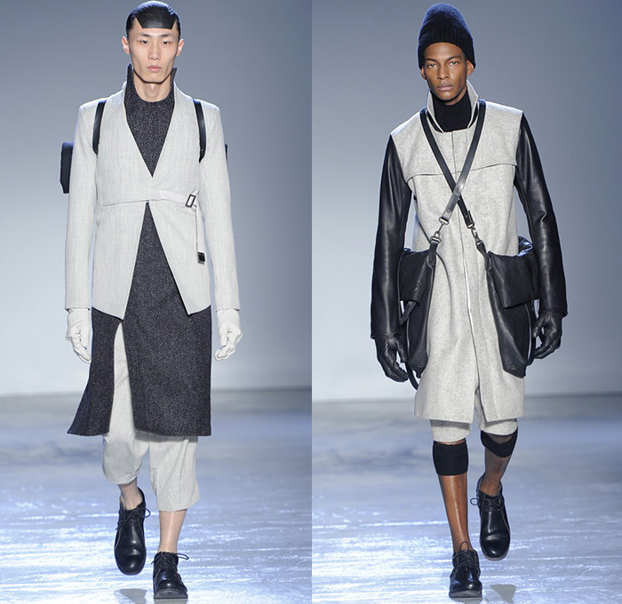 Boris Bidjan Saberi Barcelona Spain 2015-2016 Fall Autumn Winter Mens Runway Catwalk Looks - Mode à Paris Fashion Week Mode Masculine France - Military Outdoor Fisherman Onesie Jumpsuit Salopette Coveralls Bib Brace Dungarees Romper Outerwear Coat Straps Harness Knit Parka Gloves Boots Vest Waistcoat Capri Cropped Pants Backpack Blazer Shorts Leather Aviator Cap Jacket Stripes Wool Leggings