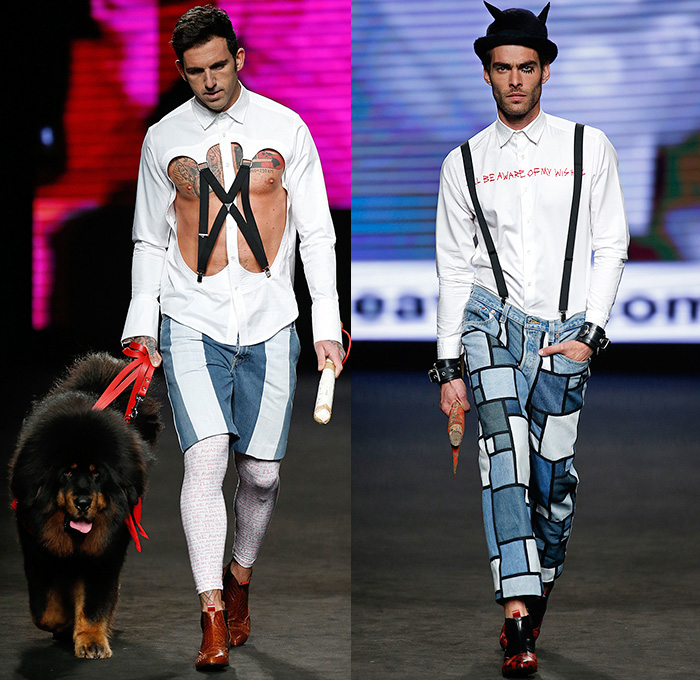 Brain&Beast 2015-2016 Fall Autumn Winter Mens Runway Catwalk Looks - 080 Barcelona Fashion Catalonia Catalan Spain - Décalogue Part IX Maniac Destrudo Destrado Windowpane Print Denim Jeans Leggings Batman Cutout Perforated Diamonds Clown Outerwear Coat Shirt Long Sleeve Shorts Stripes Dog Suspenders Straps Shirtdress Popover Shirtall Lace Up Harness Vest Baseball Knit Mask Sweater Jumper