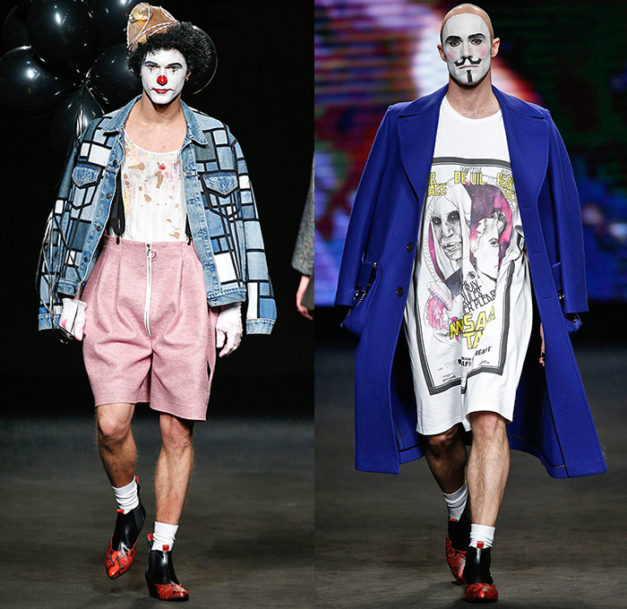 Brain&Beast 2015-2016 Fall Autumn Winter Mens Runway Catwalk Looks - 080 Barcelona Fashion Catalonia Catalan Spain - Décalogue Part IX Maniac Destrudo Destrado Windowpane Print Denim Jeans Leggings Batman Cutout Perforated Diamonds Clown Outerwear Coat Shirt Long Sleeve Shorts Stripes Dog Suspenders Straps Shirtdress Popover Shirtall Lace Up Harness Vest Baseball Knit Mask Sweater Jumper