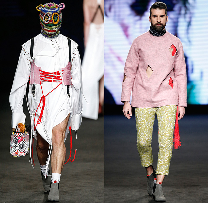 Brain&Beast 2015-2016 Fall Autumn Winter Mens Runway Catwalk Looks - 080 Barcelona Fashion Catalonia Catalan Spain - Décalogue Part IX Maniac Destrudo Destrado Windowpane Print Denim Jeans Leggings Batman Cutout Perforated Diamonds Clown Outerwear Coat Shirt Long Sleeve Shorts Stripes Dog Suspenders Straps Shirtdress Popover Shirtall Lace Up Harness Vest Baseball Knit Mask Sweater Jumper