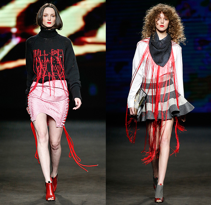 Brain&Beast 2015-2016 Fall Autumn Winter Womens Runway Catwalk Looks - 080 Barcelona Fashion Catalonia Catalan Spain - Décalogue Part IX Maniac Destrudo Destrado Fringes Raw Hem Lace Up Turtleneck Stripes Ruffles Coat Concave Curved Hem Sweater Jumper Knit Scarf Skirt Frock Miniskirt Blouse Midi Skirt Tote Bag Shirtdress Brocade Jacquard Outerwear Leggings Pop Art Train Tankdress Asymmetrical Sleeve