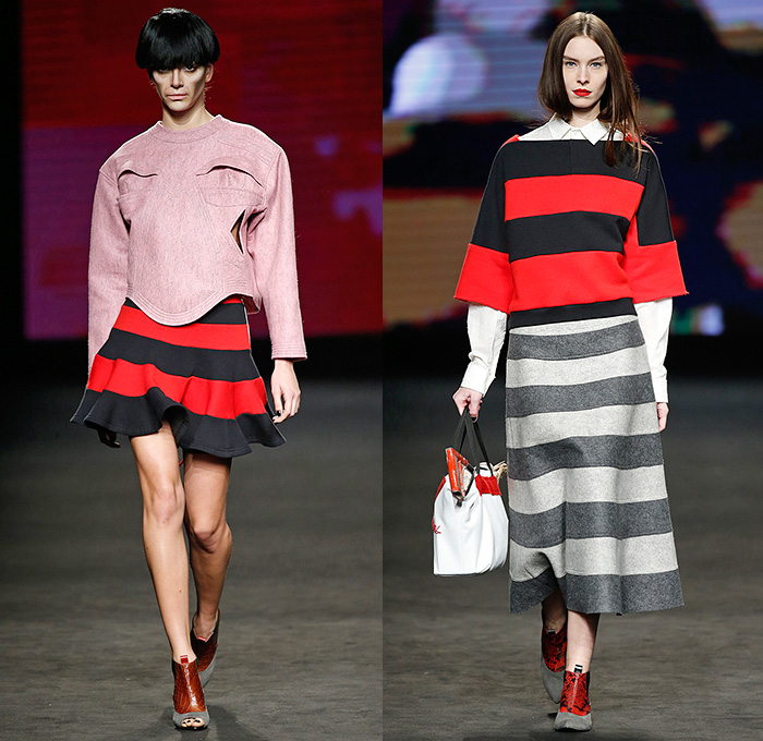 Brain&Beast 2015-2016 Fall Autumn Winter Womens Runway Catwalk Looks - 080 Barcelona Fashion Catalonia Catalan Spain - Décalogue Part IX Maniac Destrudo Destrado Fringes Raw Hem Lace Up Turtleneck Stripes Ruffles Coat Concave Curved Hem Sweater Jumper Knit Scarf Skirt Frock Miniskirt Blouse Midi Skirt Tote Bag Shirtdress Brocade Jacquard Outerwear Leggings Pop Art Train Tankdress Asymmetrical Sleeve